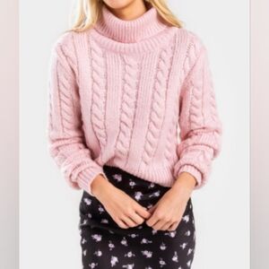 Pink Thick Knit Turtleneck Crop Sweater